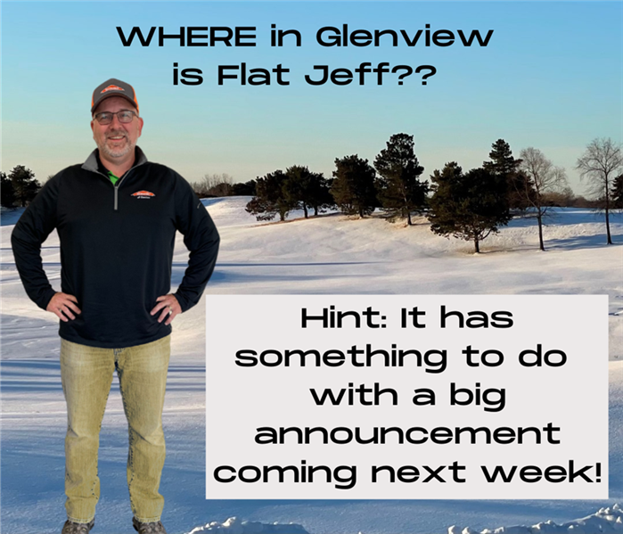 "cutout" of man in black shirt & khakis with SERVPRO hat superimposed on picture of snow-covered golf course