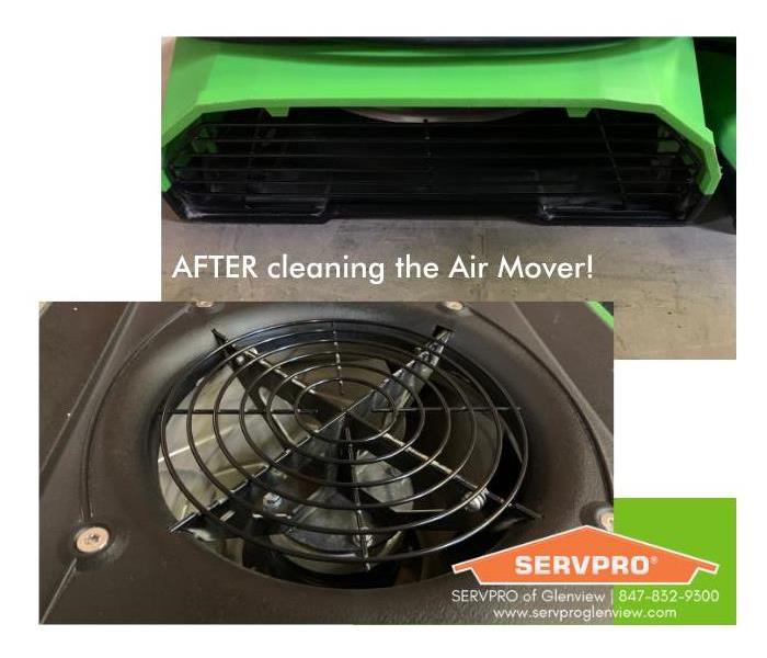 Clean fan blade and grate of an air mover after cleaning