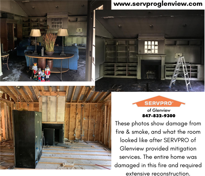 Graphic showing images before, during, and after a fire mitigation job SERVPRO of Glenview did