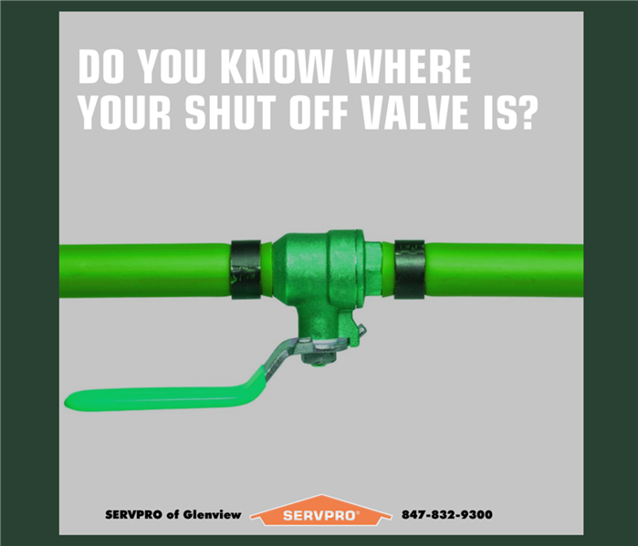 Pipe with a simple shut-off valve installed, valve in "on" position, text above: Do you know where your shut off valve is?