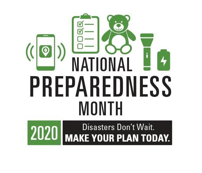 graphic for 2020 National Preparedness Month with text "Disasters don't wait. Make your plans today."