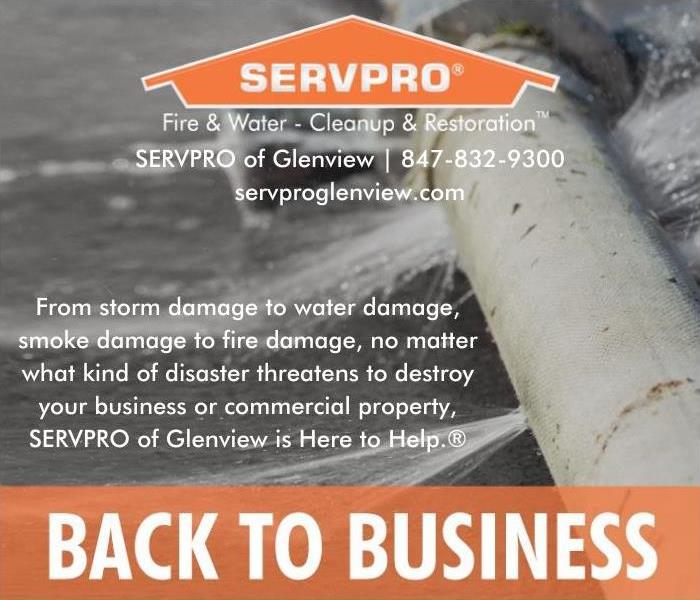 Large burst water pipe with overlaying text stating, No matter what disaster threatens your business, we are here to help.